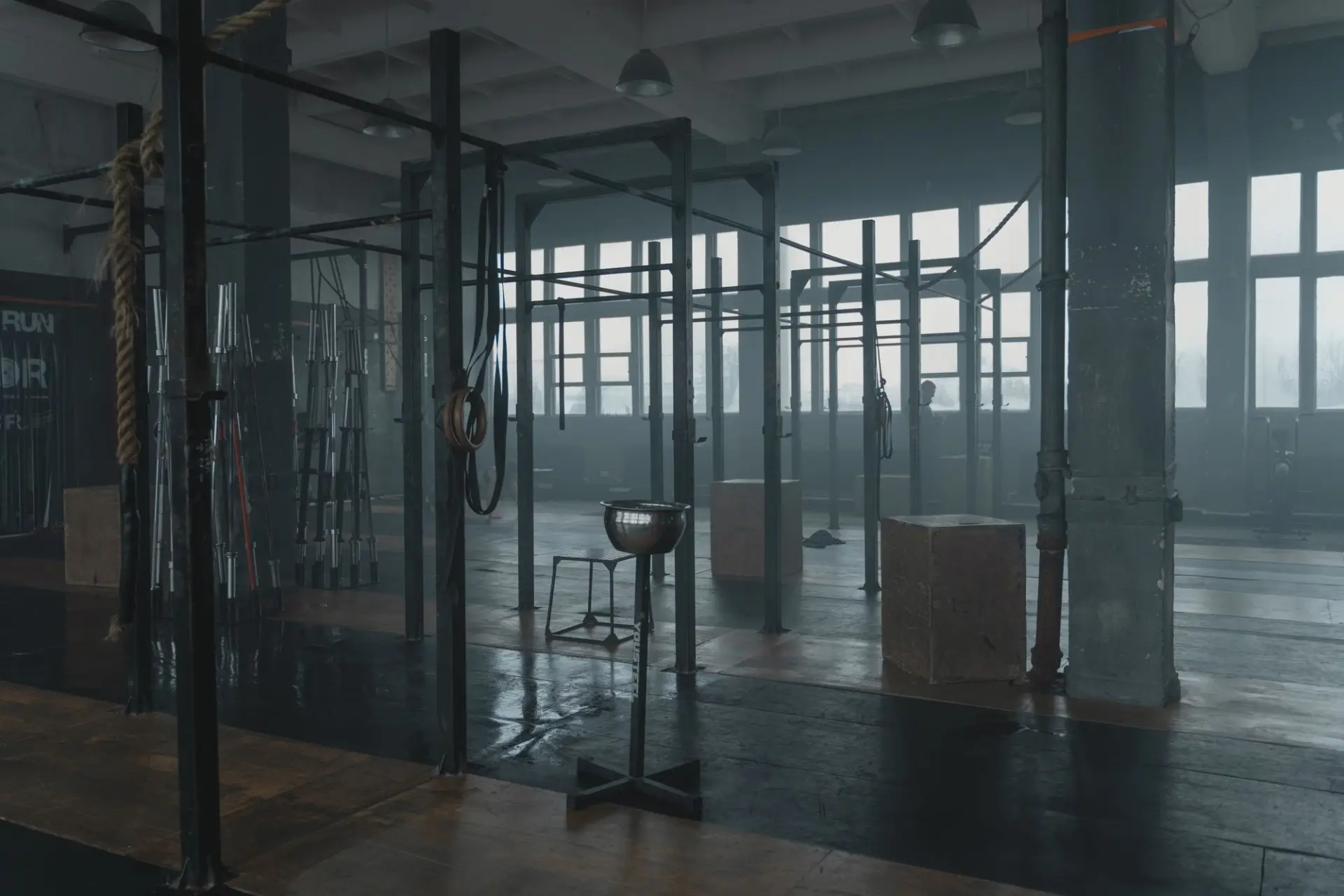 Sala de entrenamiento amplia con estructura de barras, cajas de salto y ventanales